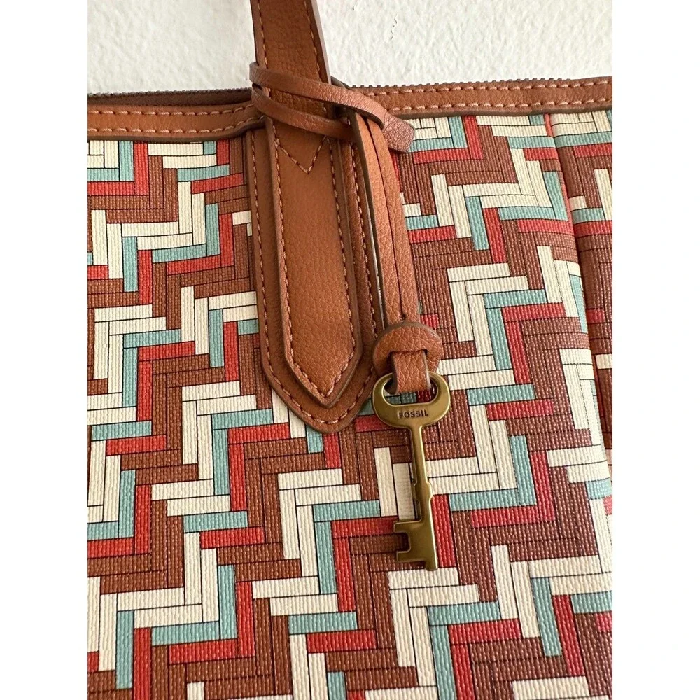 Fossil Sydney Signature Large Tote Bag Shoulder Purse Geometric Brown Top Handle